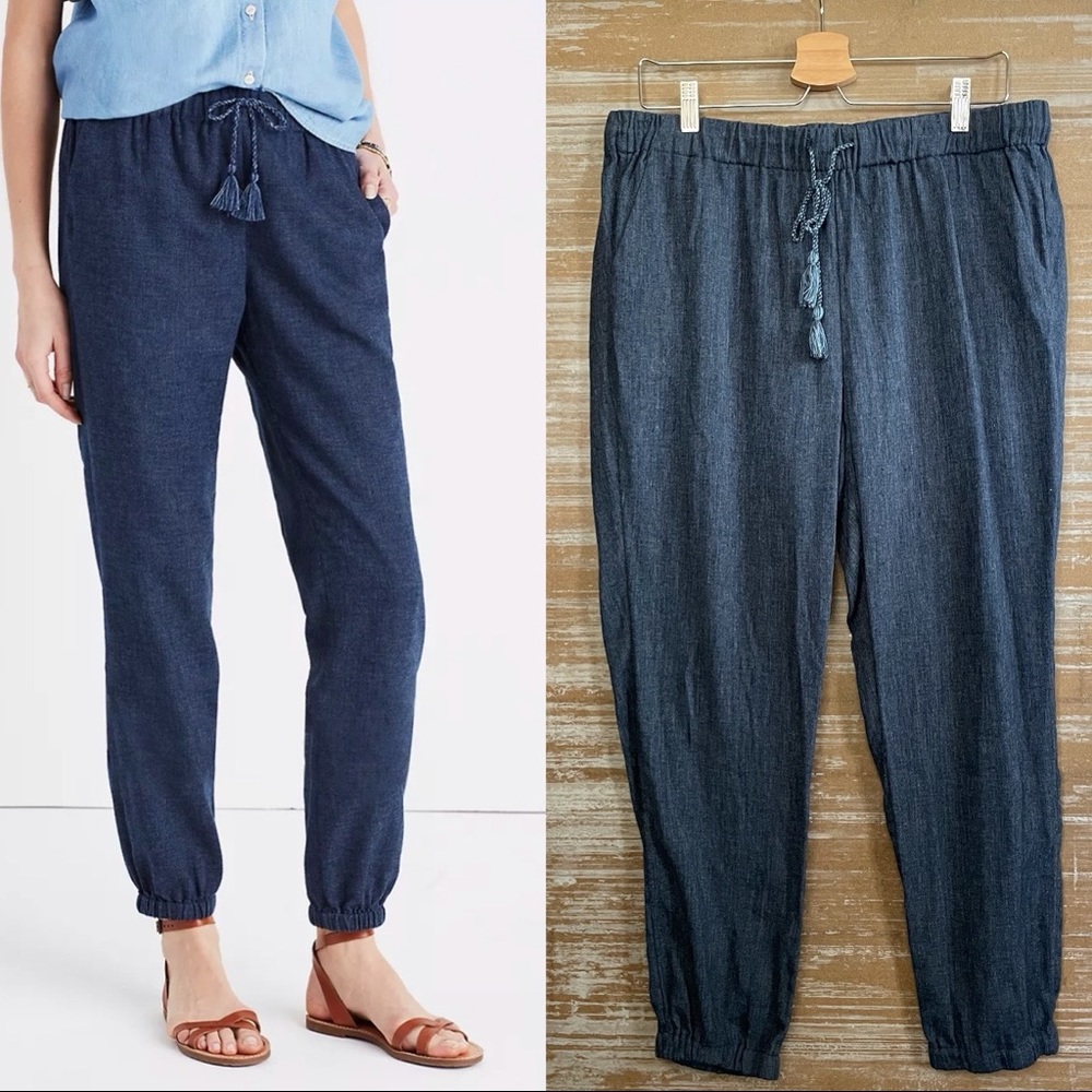 Madewell Shorewalk Cover Up Jogger Pants Linen Blend Preppy Beachy Blue